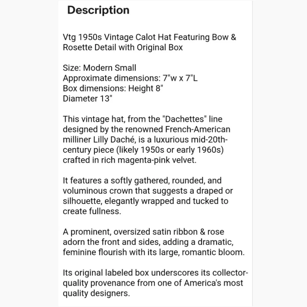 Vtg 1950s Lilly Daché Floral Calot Hat, Ribbon, Velvet, S/7 - Picture 5 of 15